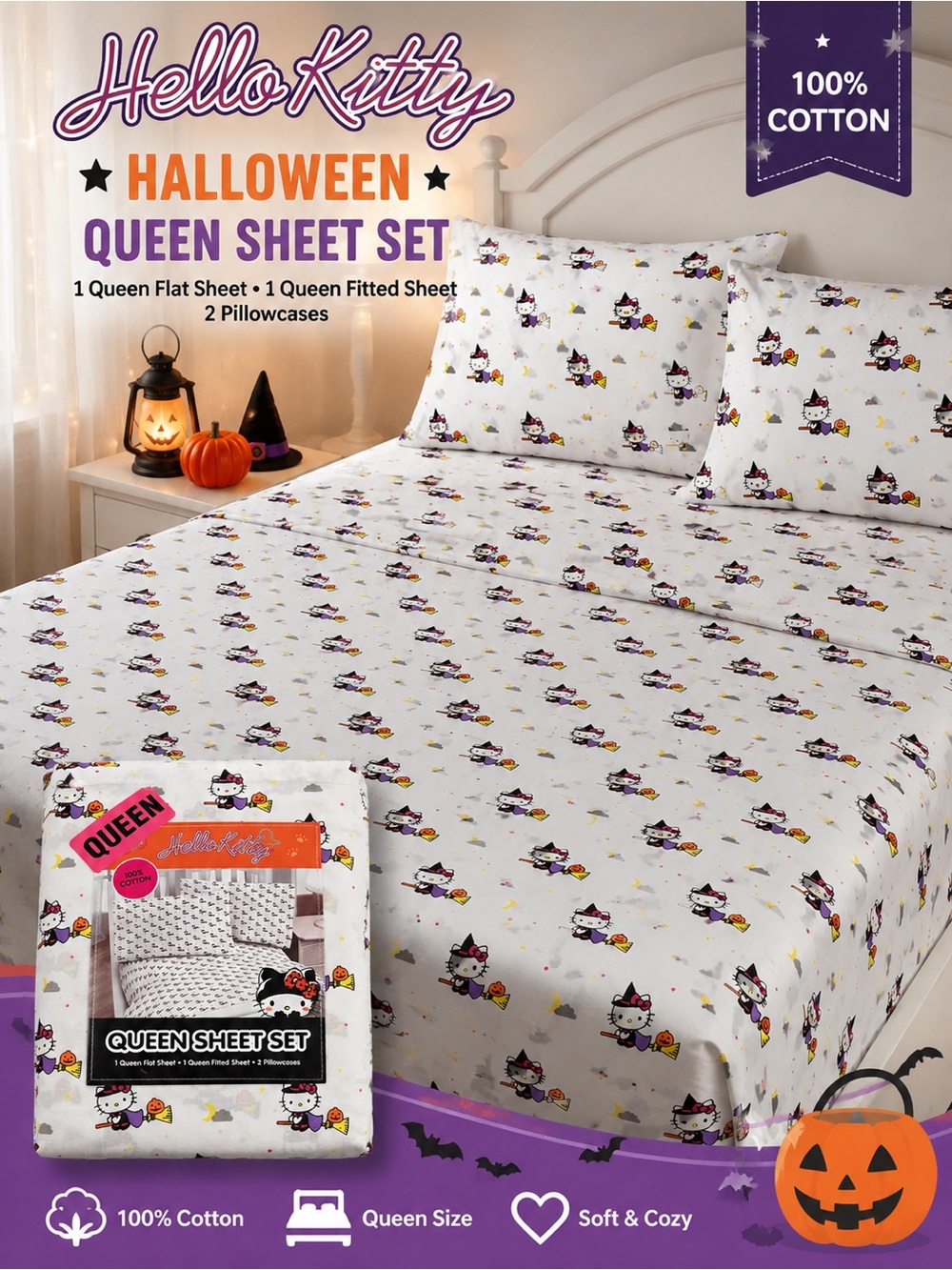 Hello Kitty Halloween Queen Sheet Set - White with Multi-Color Print
